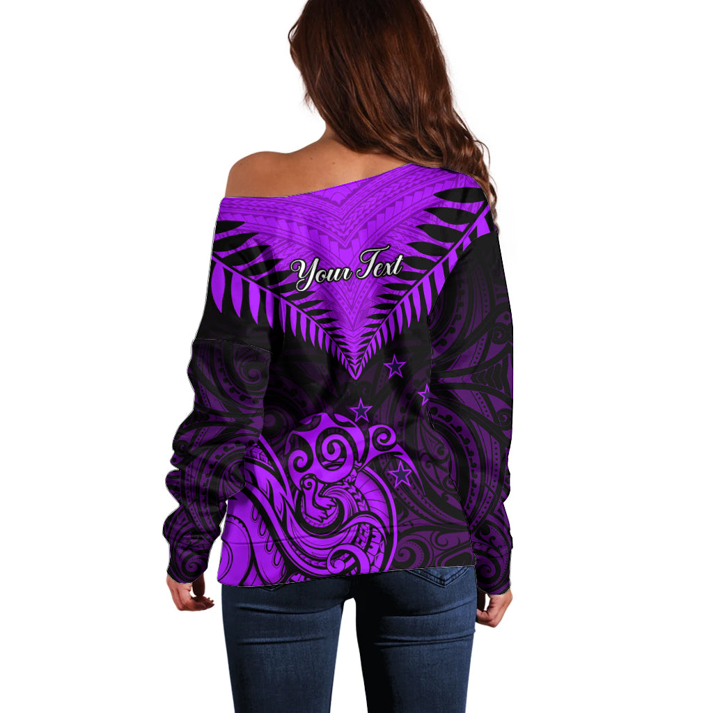 Personalised Aotearoa Off Shoulder Sweater Maori Kiwi Purple Fern LT01 - Polynesian Pride