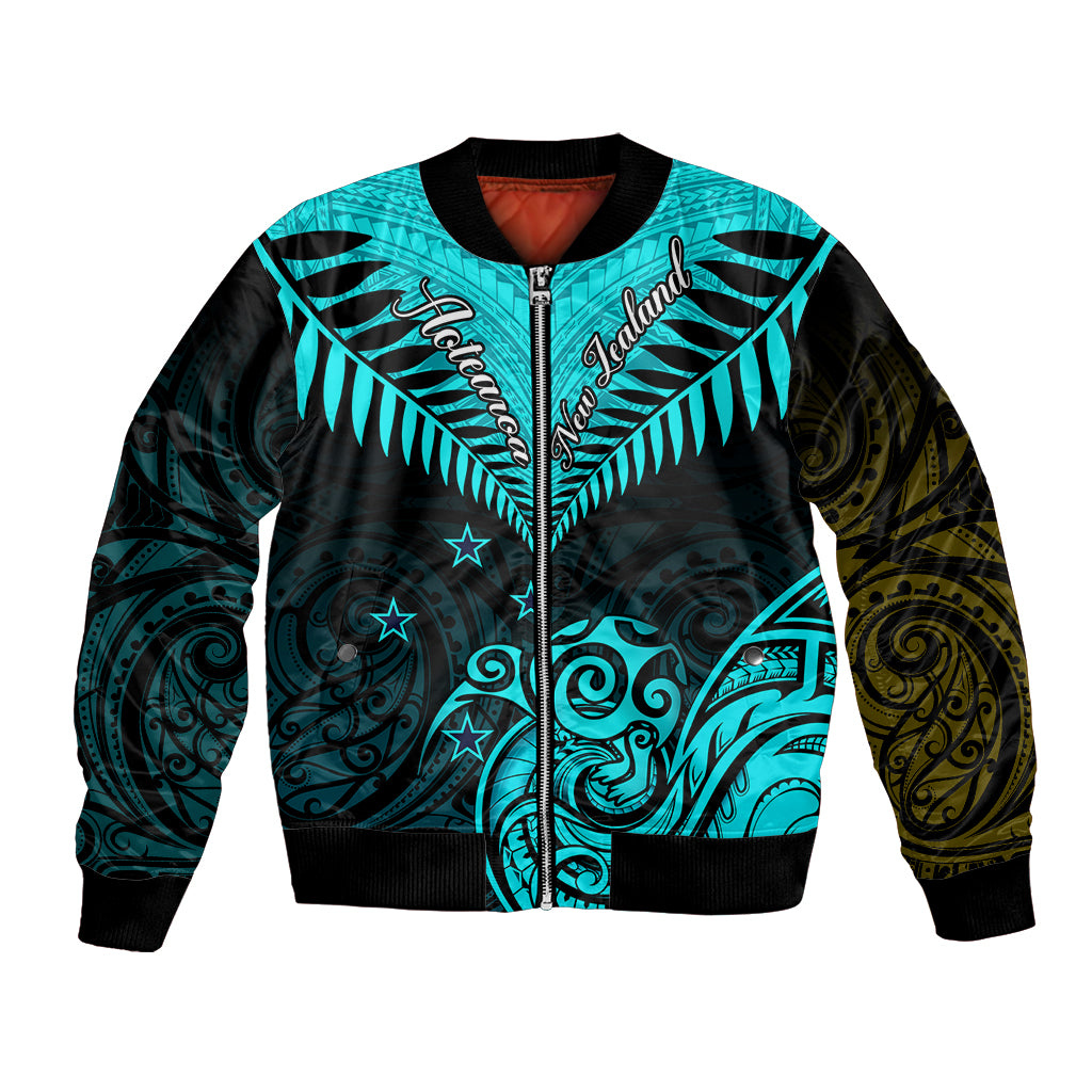 Personalised Aotearoa Bomber Jacket Maori Kiwi Turquoise Fern LT01 Unisex Turquoise - Polynesian Pride