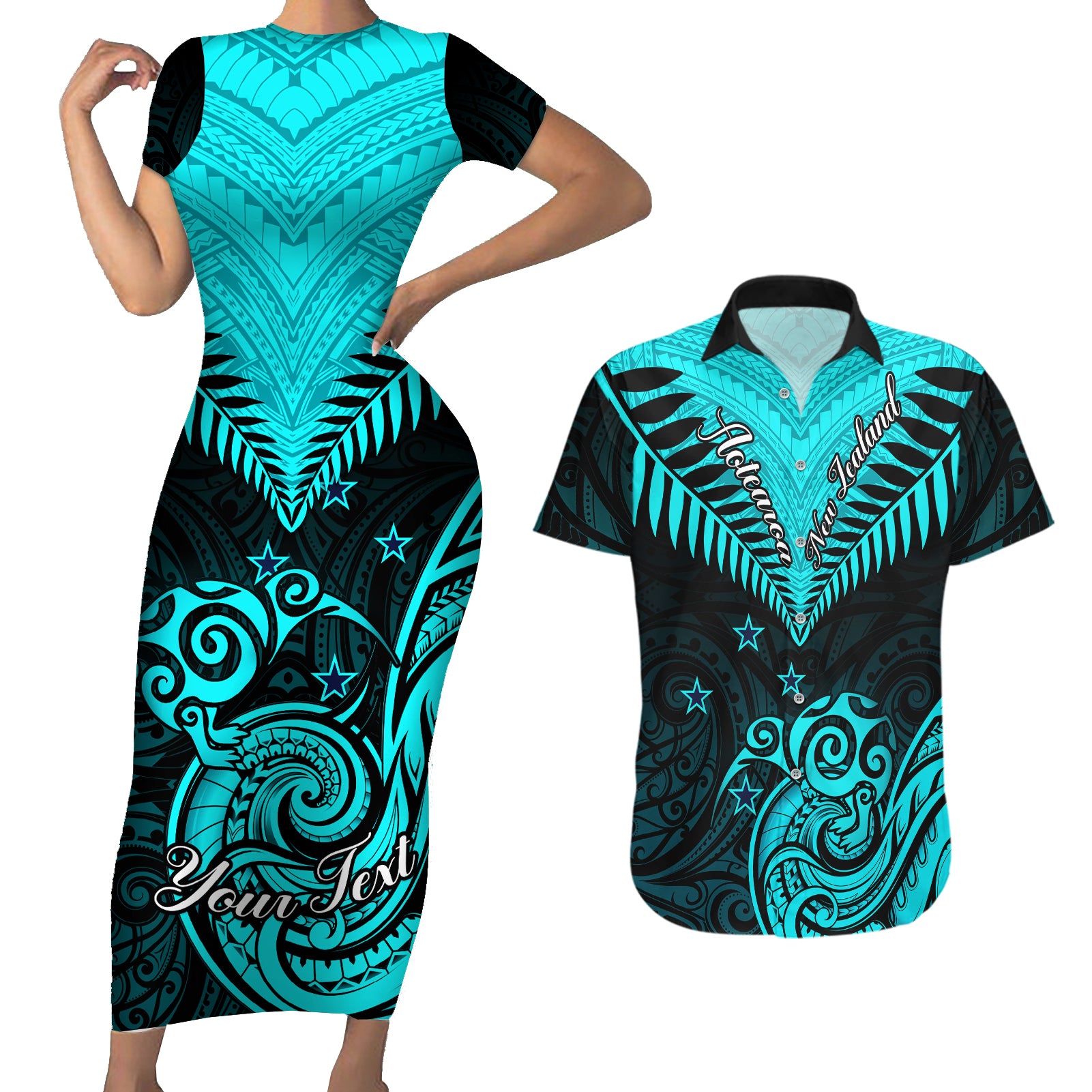 Personalised Aotearoa Couples Matching Short Sleeve Bodycon Dress and Hawaiian Shirt Maori Kiwi Turquoise Fern LT01 Turquoise - Polynesian Pride