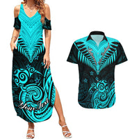 Personalised Aotearoa Couples Matching Summer Maxi Dress and Hawaiian Shirt Maori Kiwi Turquoise Fern LT01 Turquoise - Polynesian Pride