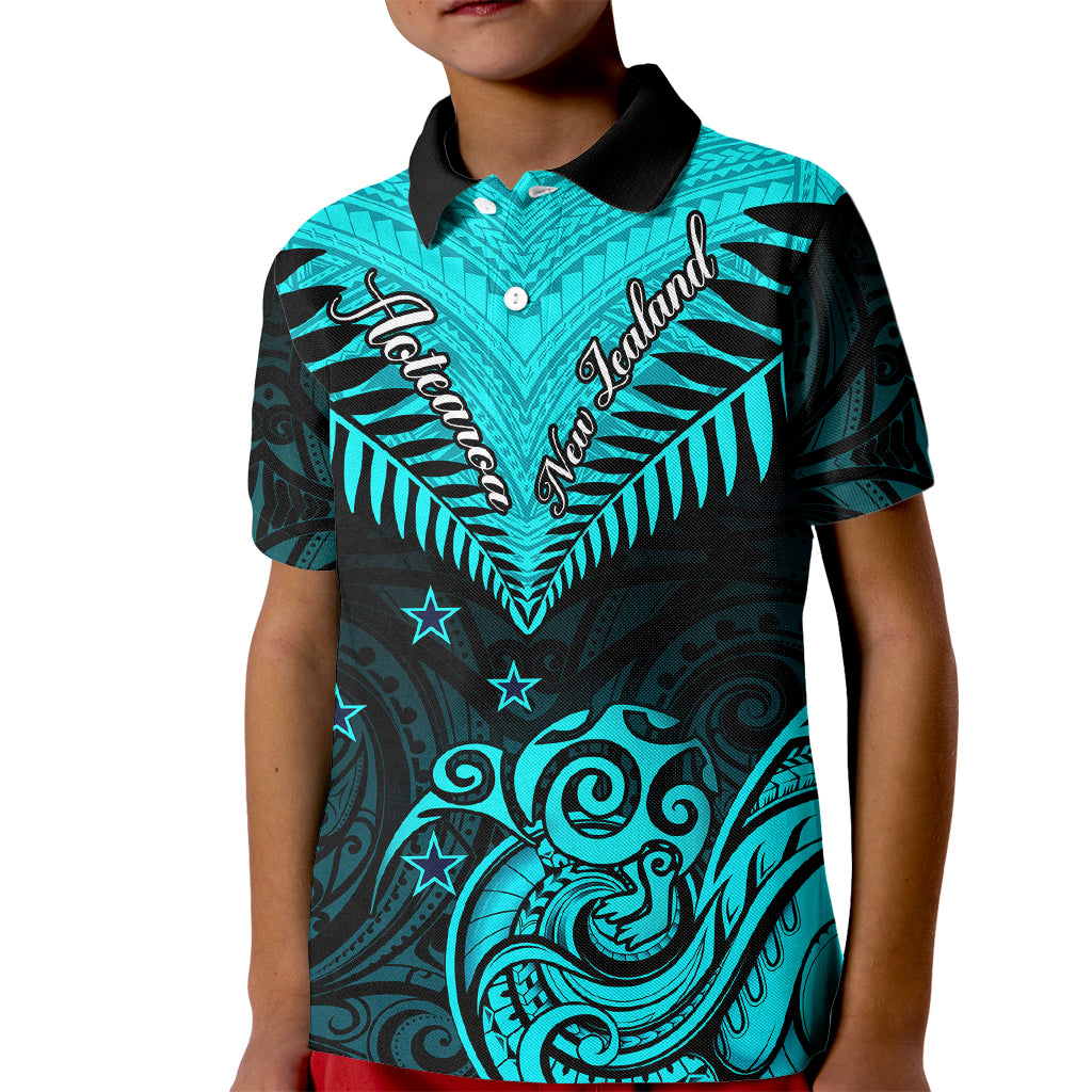 Personalised Aotearoa Kid Polo Shirt Maori Kiwi Turquoise Fern LT01 Kid Turquoise - Polynesian Pride
