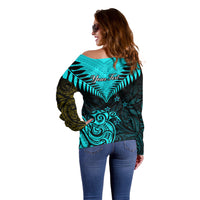 Personalised Aotearoa Off Shoulder Sweater Maori Kiwi Turquoise Fern LT01 - Polynesian Pride