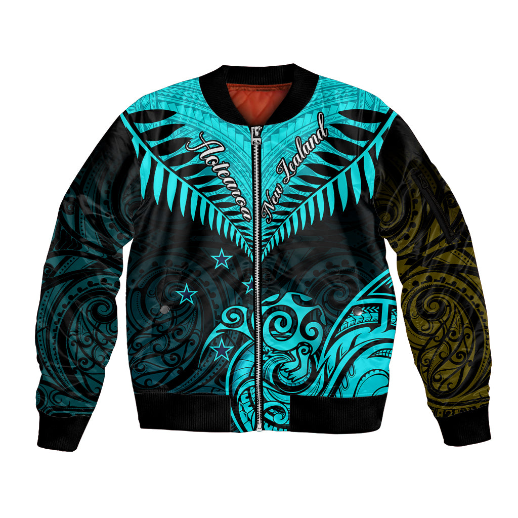 Personalised Aotearoa Sleeve Zip Bomber Jacket Maori Kiwi Turquoise Fern LT01 Unisex Turquoise - Polynesian Pride