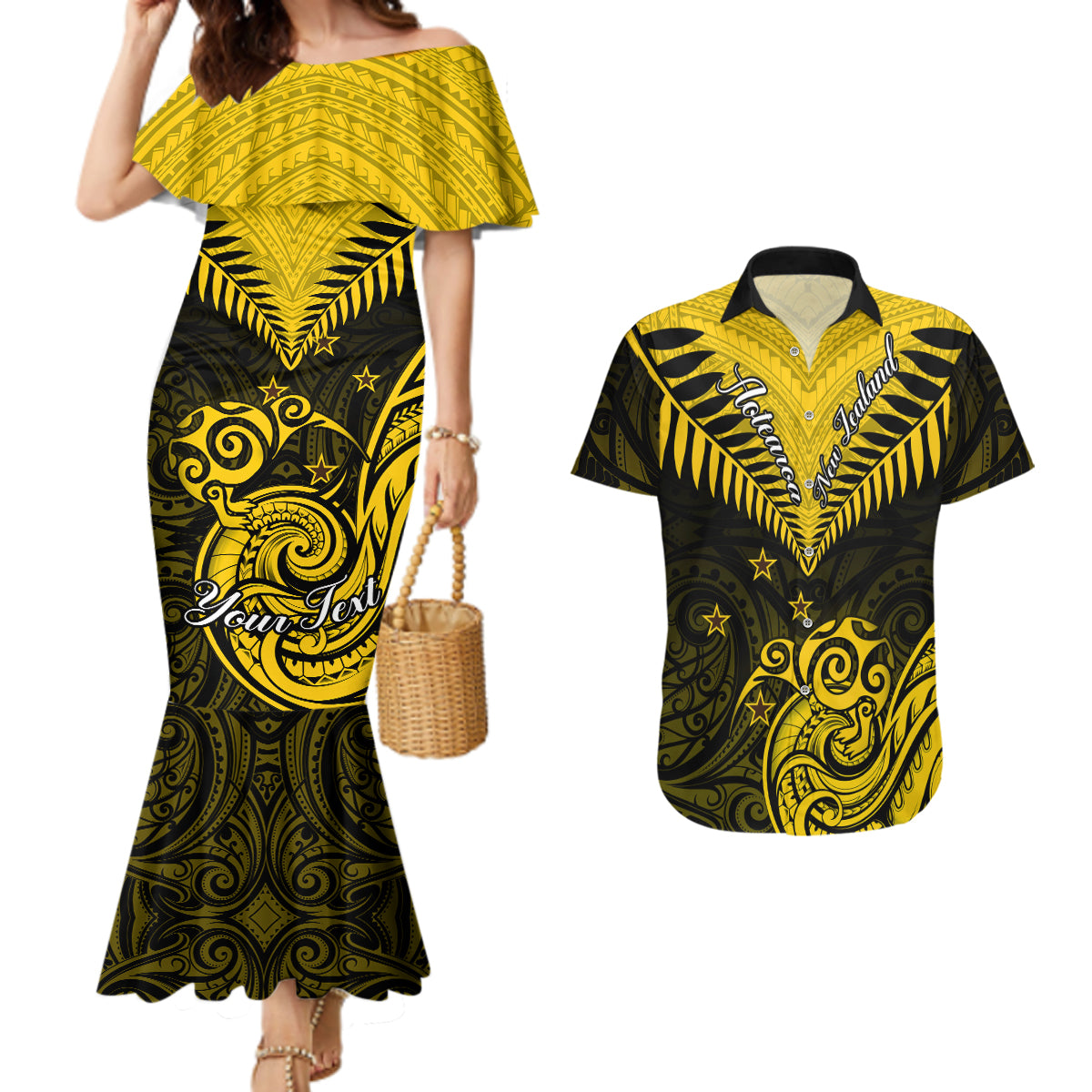 Personalised Aotearoa Couples Matching Mermaid Dress And Hawaiian Shirt Maori Kiwi Yellow Fern LT01 Yellow - Polynesian Pride