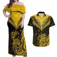 Personalised Aotearoa Couples Matching Off Shoulder Maxi Dress and Hawaiian Shirt Maori Kiwi Yellow Fern LT01 Yellow - Polynesian Pride