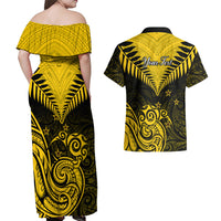 Personalised Aotearoa Couples Matching Off Shoulder Maxi Dress and Hawaiian Shirt Maori Kiwi Yellow Fern LT01 - Polynesian Pride