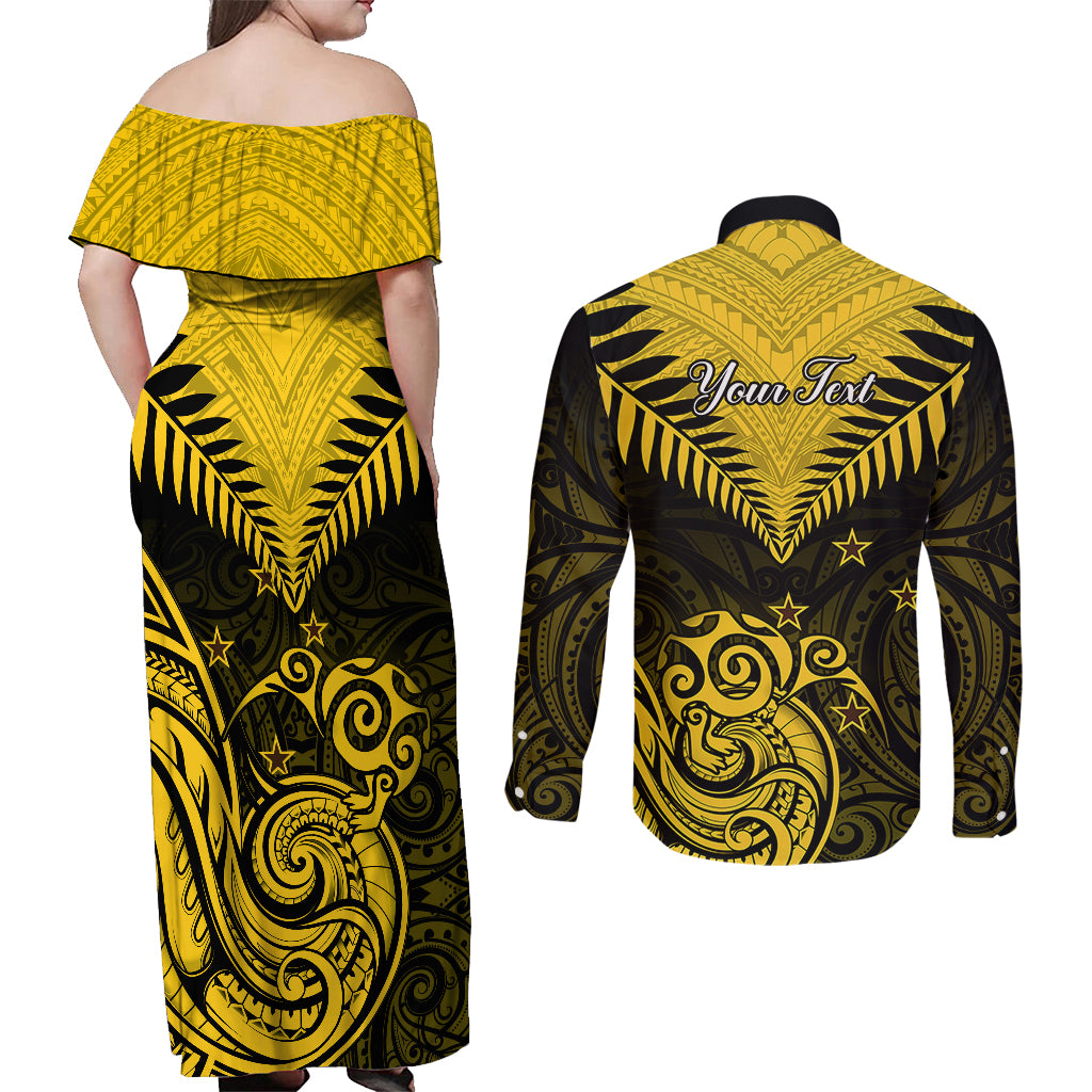 Personalised Aotearoa Couples Matching Off Shoulder Maxi Dress and Long Sleeve Button Shirts Maori Kiwi Yellow Fern LT01 - Polynesian Pride