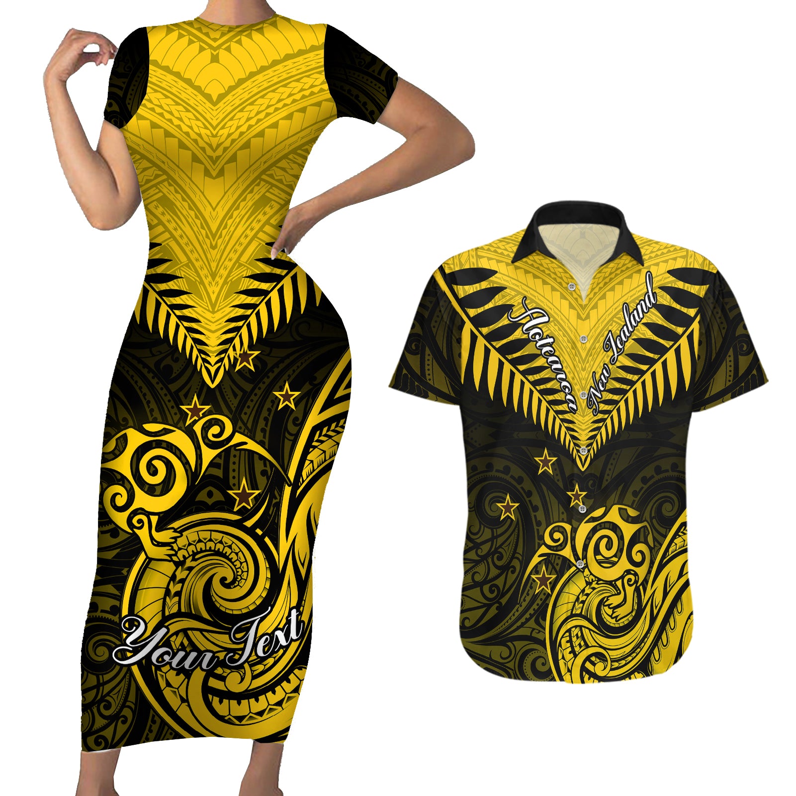 Personalised Aotearoa Couples Matching Short Sleeve Bodycon Dress and Hawaiian Shirt Maori Kiwi Yellow Fern LT01 Yellow - Polynesian Pride