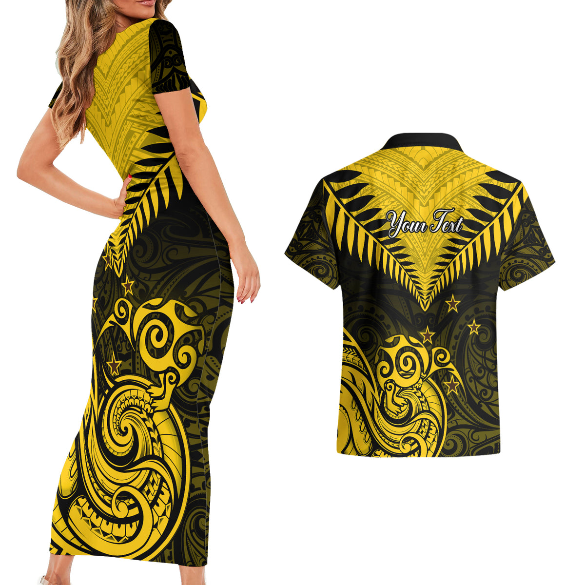Personalised Aotearoa Couples Matching Short Sleeve Bodycon Dress and Hawaiian Shirt Maori Kiwi Yellow Fern LT01 - Polynesian Pride