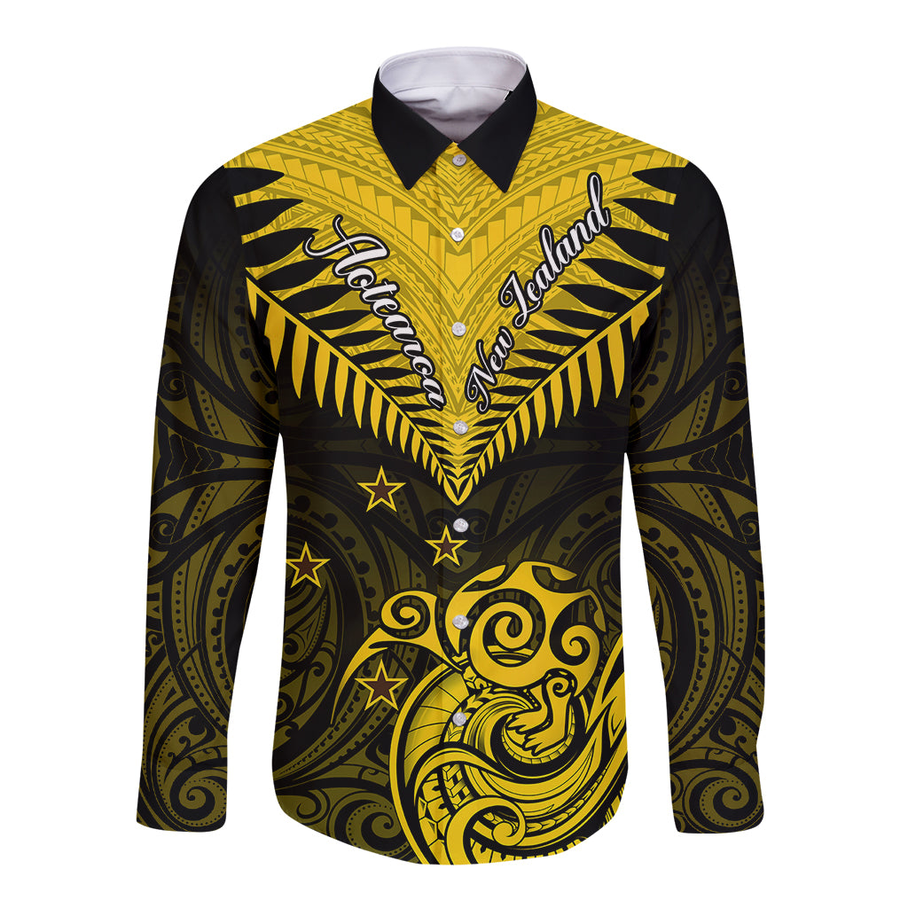 Personalised Aotearoa Long Sleeve Button Shirt Maori Kiwi Yellow Fern LT01 Unisex Yellow - Polynesian Pride