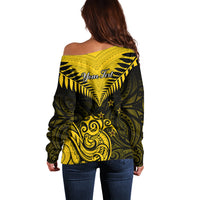 Personalised Aotearoa Off Shoulder Sweater Maori Kiwi Yellow Fern LT01 - Polynesian Pride