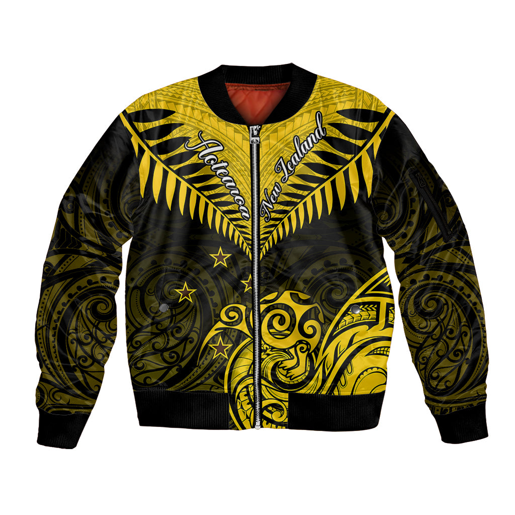 Personalised Aotearoa Sleeve Zip Bomber Jacket Maori Kiwi Yellow Fern LT01 Unisex Yellow - Polynesian Pride