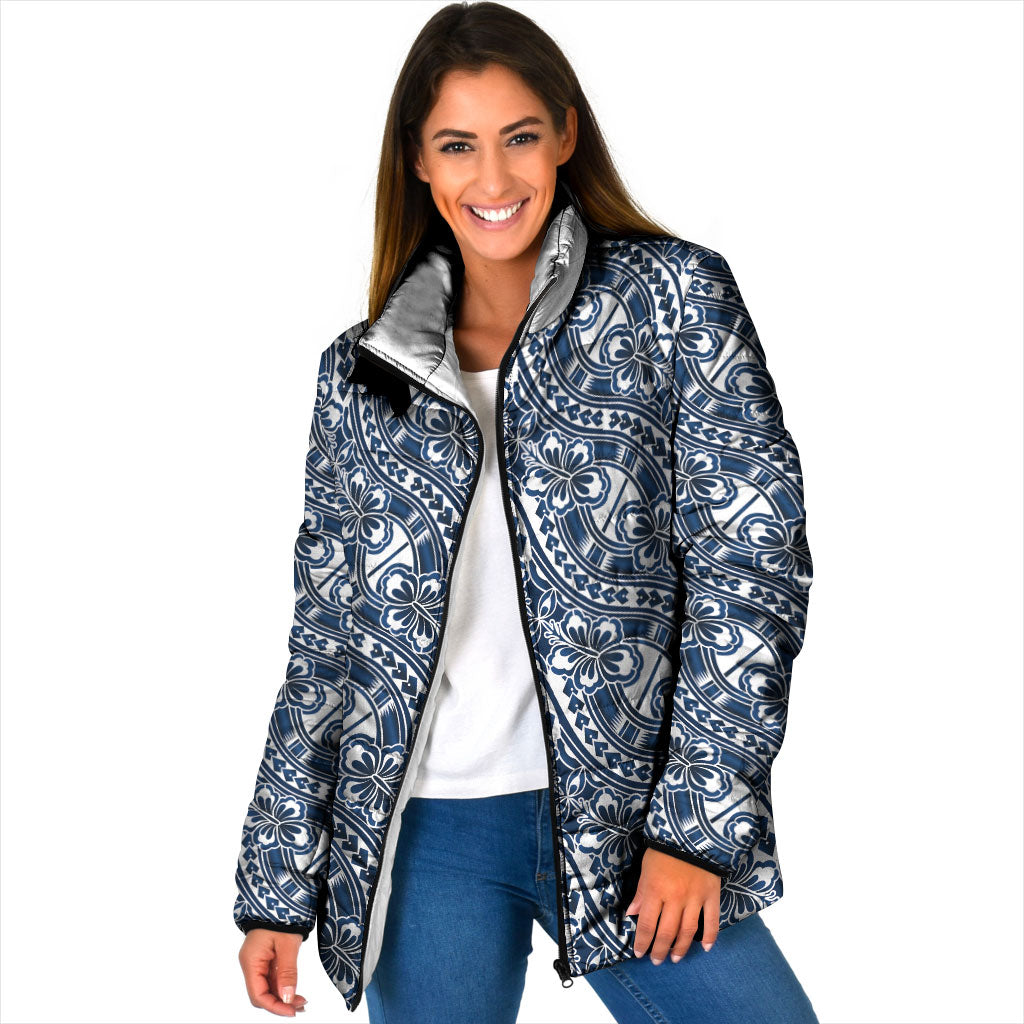 Hibiscus Bloom Island Tribal Waves Padded Jacket Blue Polynesian Pattern LT01 Women Blue - Polynesian Pride