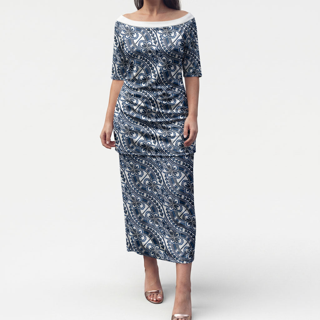 Hibiscus Bloom Island Tribal Waves Puletasi Blue Polynesian Pattern LT01 Long Dress Blue - Polynesian Pride