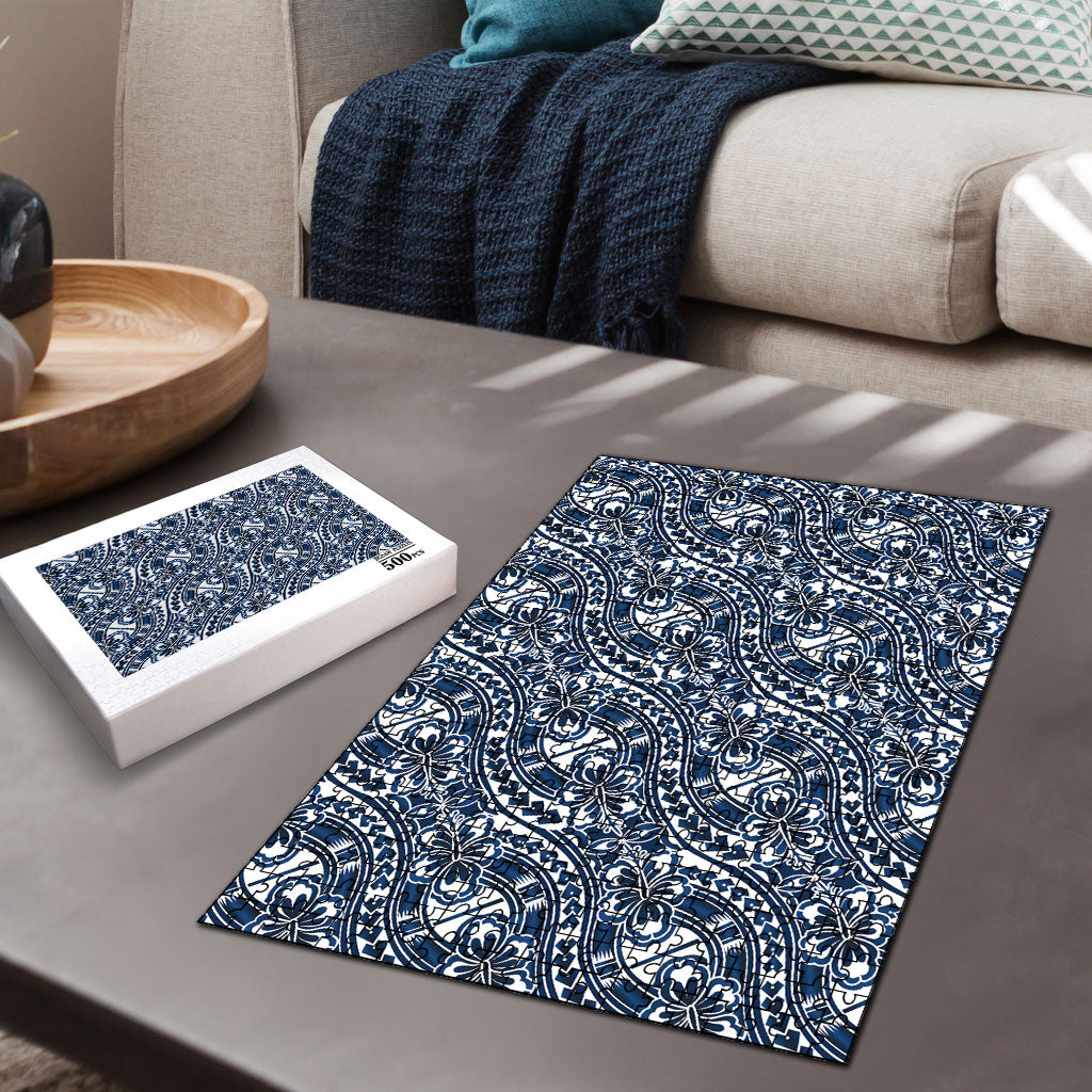 Hibiscus Bloom Island Tribal Waves Puzzle Blue Polynesian Pattern LT01 - Polynesian Pride