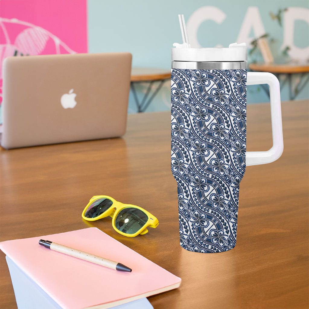 Hibiscus Bloom Island Tribal Waves Tumbler With Handle Blue Polynesian Pattern LT01 - Polynesian Pride