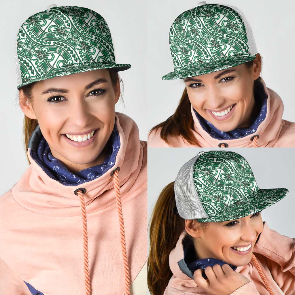 Hibiscus Bloom Island Tribal Waves Mesh Trucker Cap Green Polynesian Pattern LT01 - Polynesian Pride