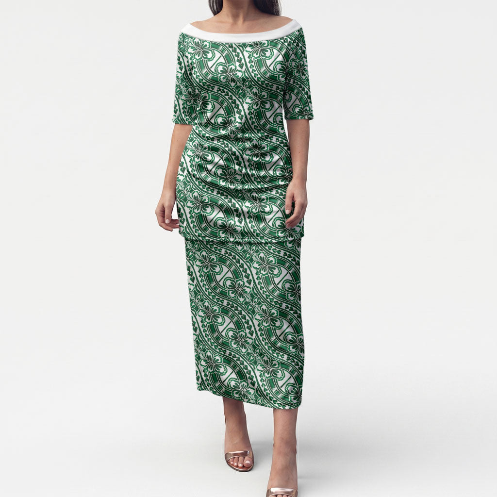 Hibiscus Bloom Island Tribal Waves Puletasi Green Polynesian Pattern LT01 Long Dress Green - Polynesian Pride