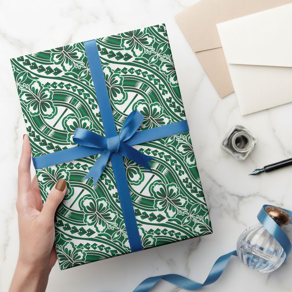 Hibiscus Bloom Island Tribal Waves Wrapping Paper Green Polynesian Pattern LT01 - Polynesian Pride