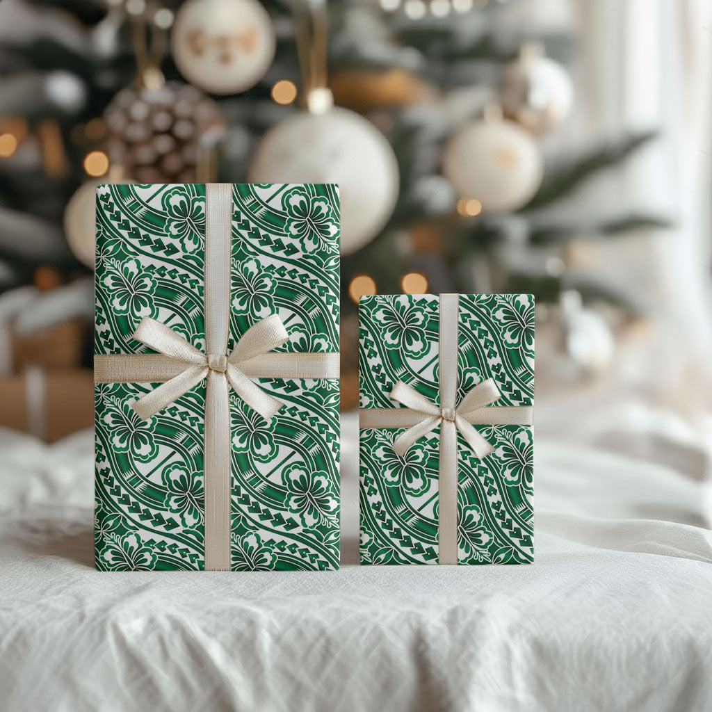 Hibiscus Bloom Island Tribal Waves Wrapping Paper Green Polynesian Pattern LT01 - Polynesian Pride