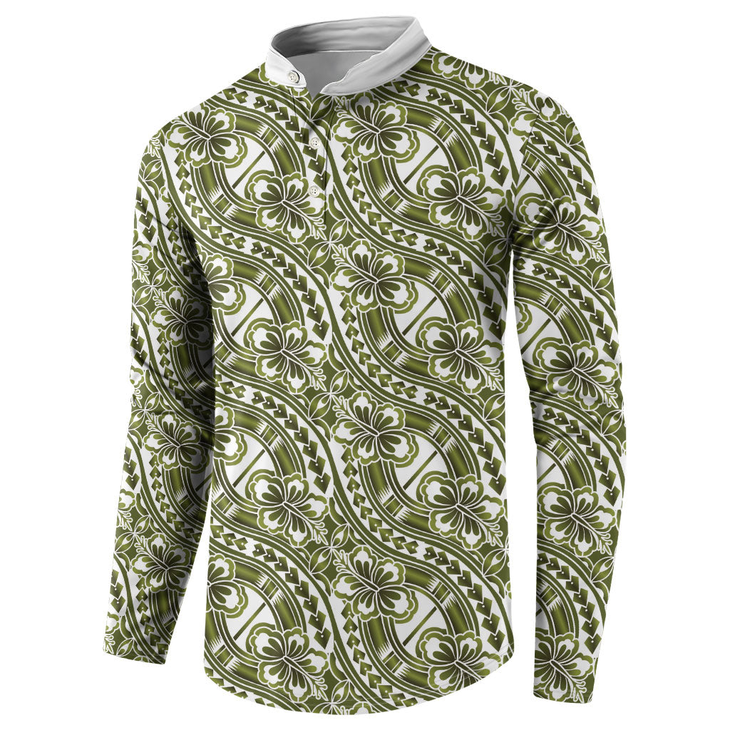 Hibiscus Bloom Island Tribal Waves Button Sweatshirt Olive Green Polynesian Pattern LT01 - Polynesian Pride