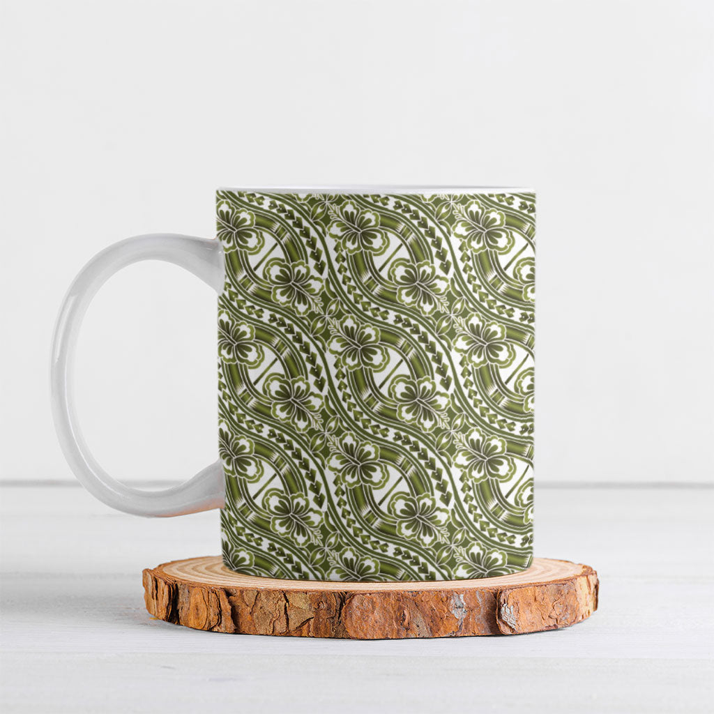 Hibiscus Bloom Island Tribal Waves Ceramic Mug Olive Green Polynesian Pattern LT01 Olive Green - Polynesian Pride