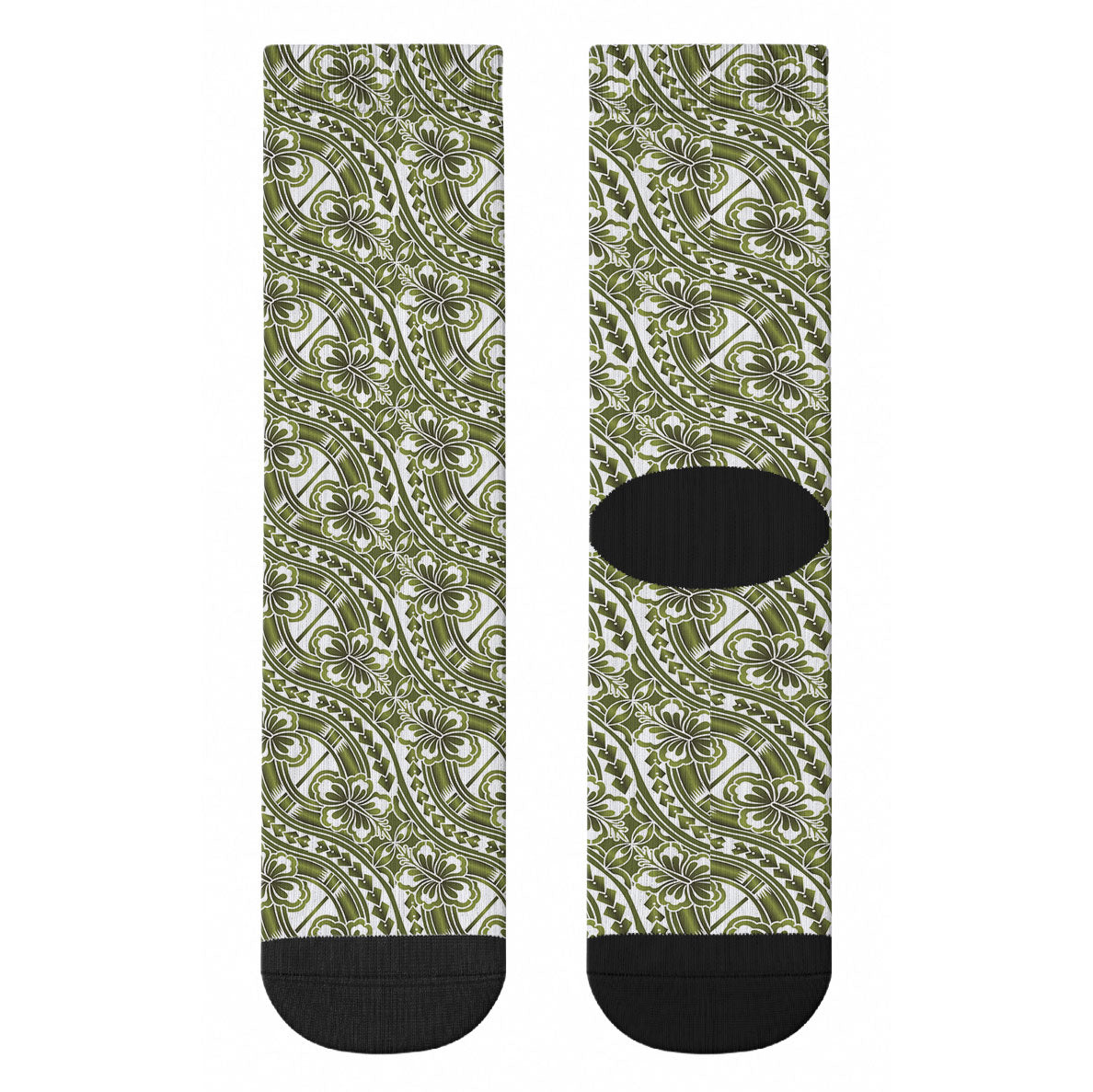 Hibiscus Bloom Island Tribal Waves Crew Socks Olive Green Polynesian Pattern LT01 - Polynesian Pride