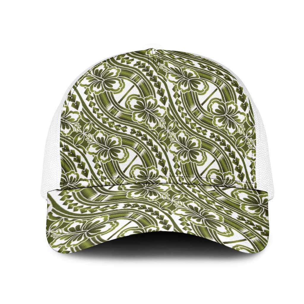 Hibiscus Bloom Island Tribal Waves Mesh Trucker Cap Olive Green Polynesian Pattern LT01 One Size White Olive Green - Polynesian Pride