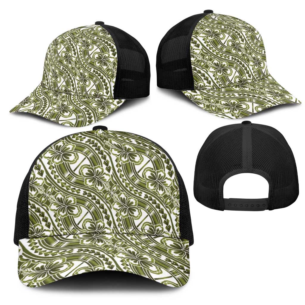Hibiscus Bloom Island Tribal Waves Mesh Trucker Cap Olive Green Polynesian Pattern LT01 - Polynesian Pride