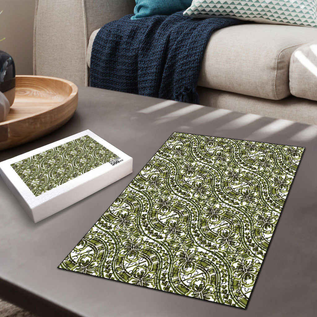Hibiscus Bloom Island Tribal Waves Puzzle Olive Green Polynesian Pattern LT01 - Polynesian Pride