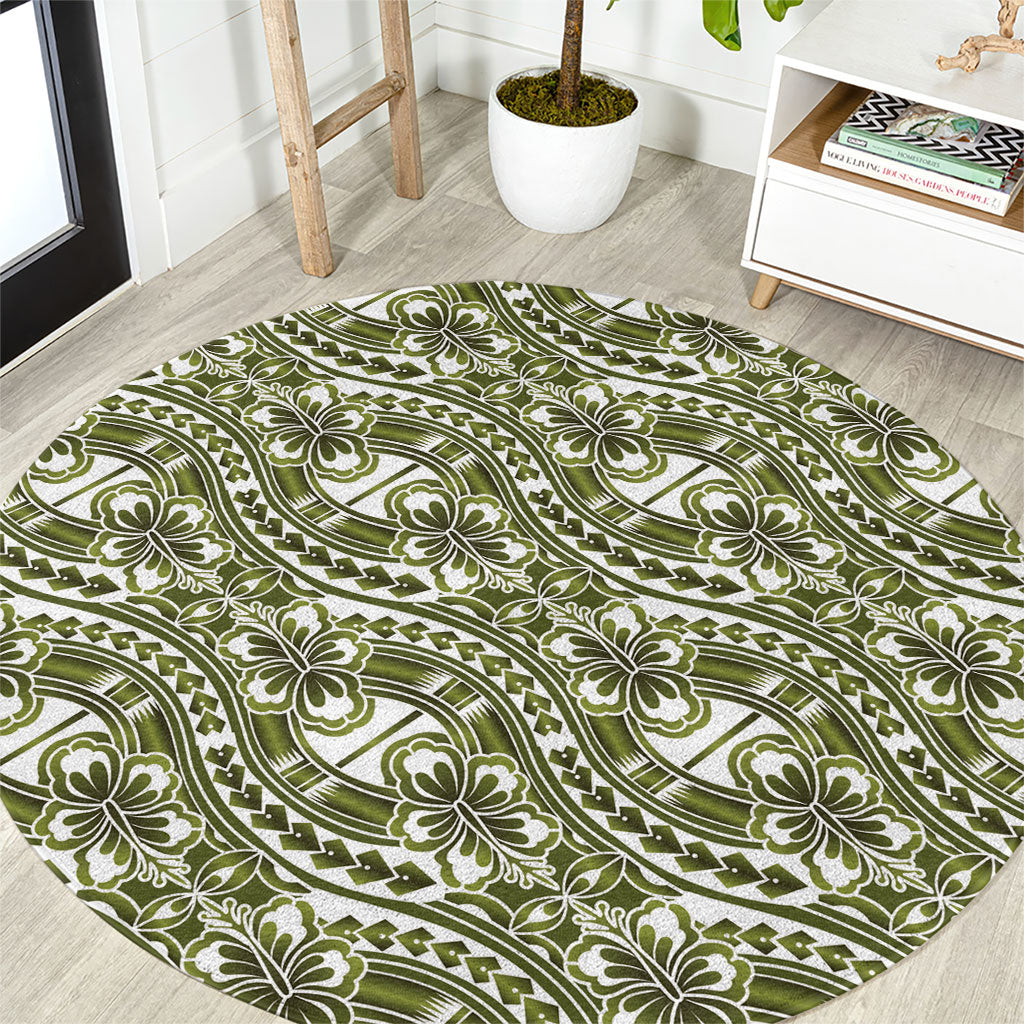 Hibiscus Bloom Island Tribal Waves Round Carpet Olive Green Polynesian Pattern LT01 Olive Green - Polynesian Pride