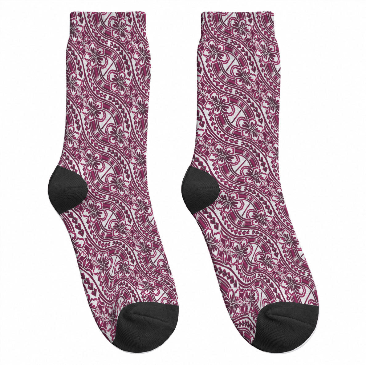 Hibiscus Bloom Island Tribal Waves Crew Socks Pink Polynesian Pattern LT01 - Polynesian Pride
