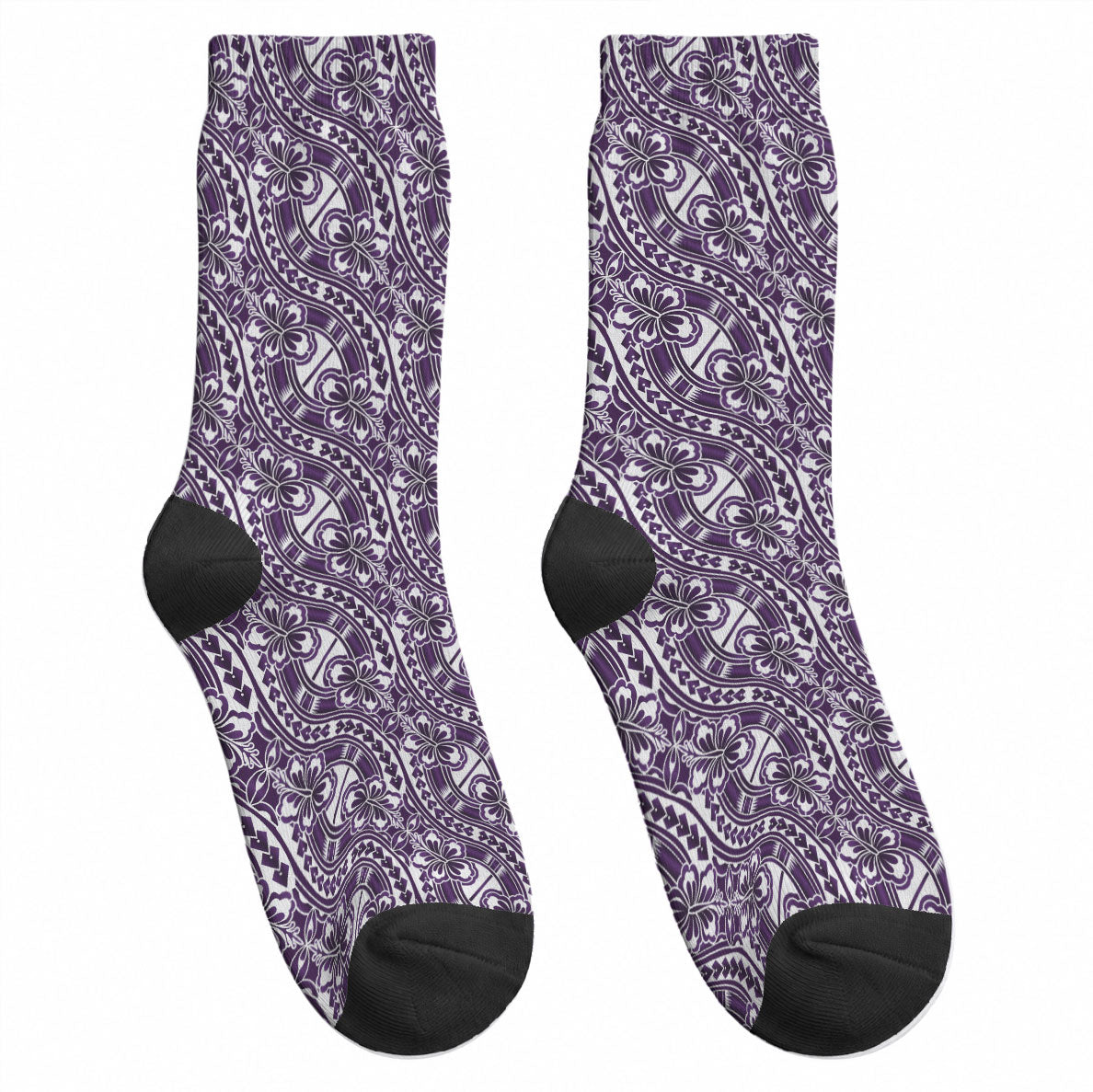 Hibiscus Bloom Island Tribal Waves Crew Socks Purple Polynesian Pattern LT01 - Polynesian Pride