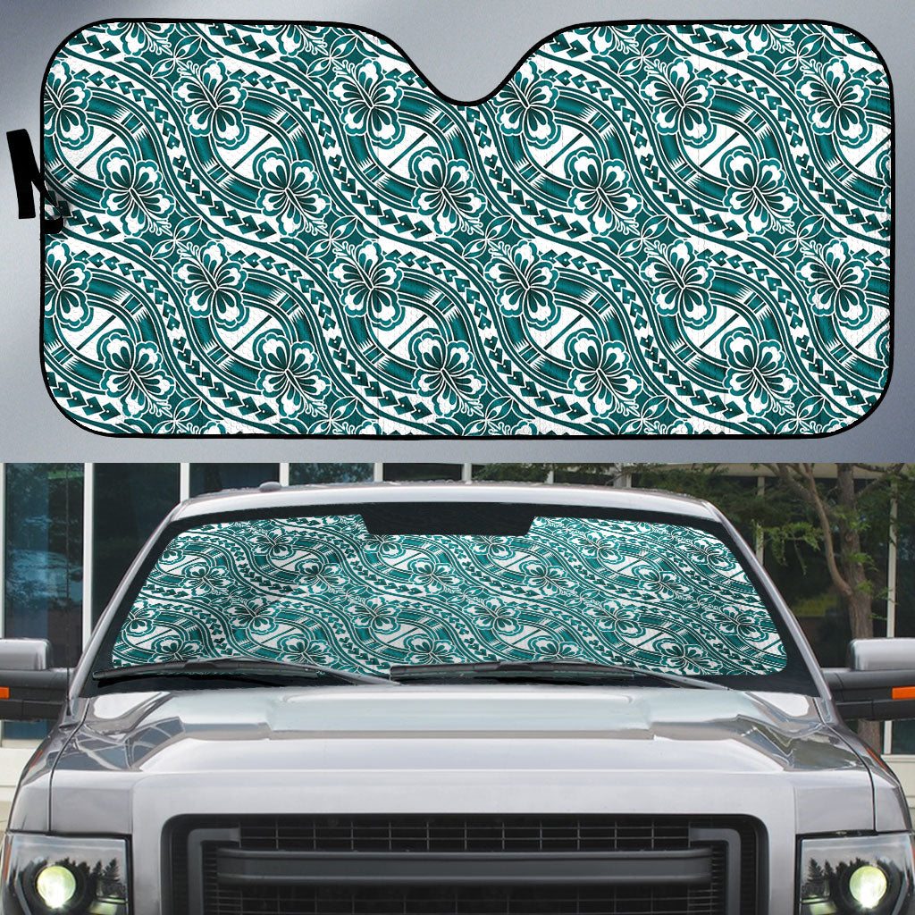 Hibiscus Bloom Island Tribal Waves Auto Sun Shade Teal Polynesian Pattern LT01 Teal - Polynesian Pride