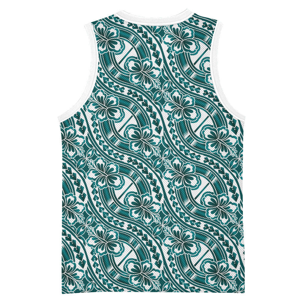 Hibiscus Bloom Island Tribal Waves Basketball Jersey Teal Polynesian Pattern LT01 - Polynesian Pride