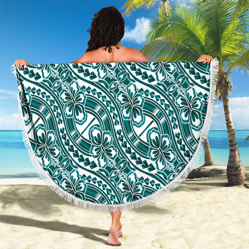 Hibiscus Bloom Island Tribal Waves Beach Blanket Teal Polynesian Pattern LT01 - Polynesian Pride