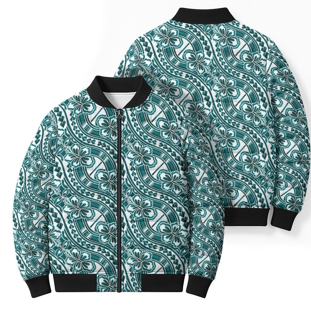 Hibiscus Bloom Island Tribal Waves Bomber Puffer Jacket Teal Polynesian Pattern LT01 - Polynesian Pride