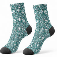Hibiscus Bloom Island Tribal Waves Crew Socks Teal Polynesian Pattern LT01 - Polynesian Pride