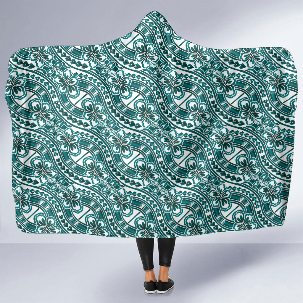 Hibiscus Bloom Island Tribal Waves Hooded Blanket Teal Polynesian Pattern LT01 One Size Teal - Polynesian Pride