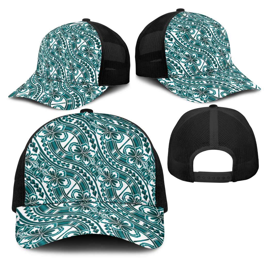 Hibiscus Bloom Island Tribal Waves Mesh Trucker Cap Teal Polynesian Pattern LT01 - Polynesian Pride