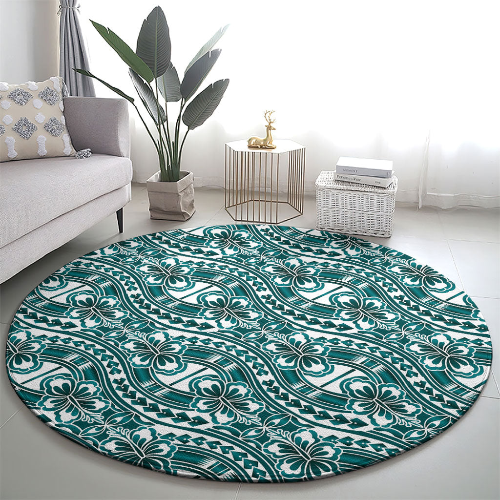 Hibiscus Bloom Island Tribal Waves Round Carpet Teal Polynesian Pattern LT01 - Polynesian Pride