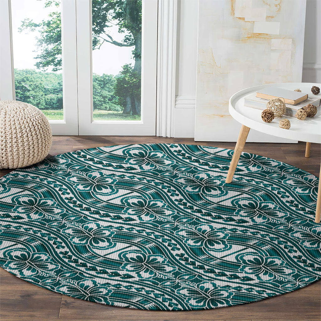 Hibiscus Bloom Island Tribal Waves Round Carpet Teal Polynesian Pattern LT01 - Polynesian Pride