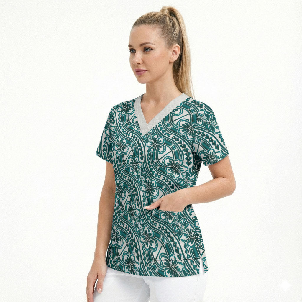 Hibiscus Bloom Island Tribal Waves Scrub Top Teal Polynesian Pattern LT01 - Polynesian Pride