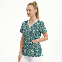 Hibiscus Bloom Island Tribal Waves Scrub Top Teal Polynesian Pattern LT01 - Polynesian Pride