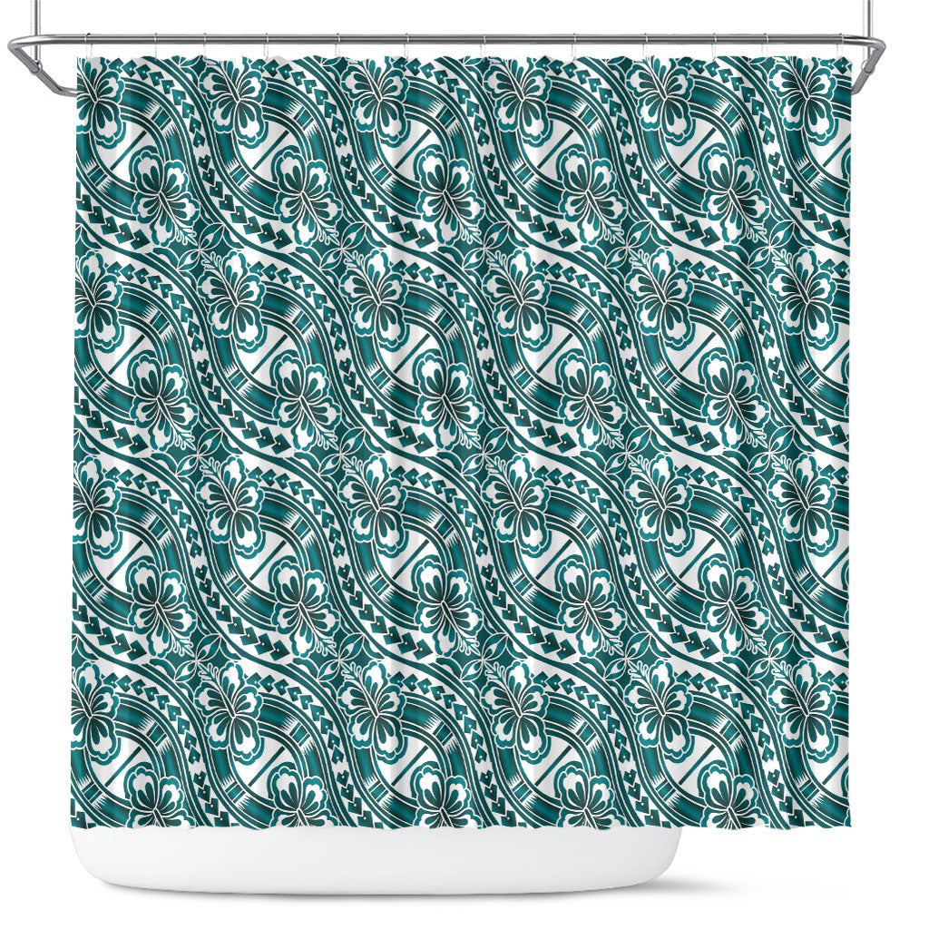 Hibiscus Bloom Island Tribal Waves Shower Curtain Teal Polynesian Pattern LT01 Teal - Polynesian Pride