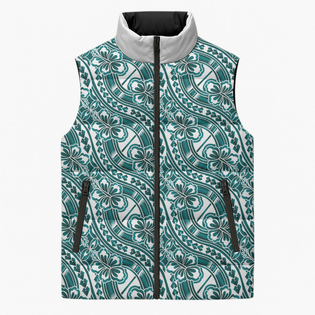Hibiscus Bloom Island Tribal Waves Sleeveless Puffer Jacket Teal Polynesian Pattern LT01 Unisex Teal - Polynesian Pride