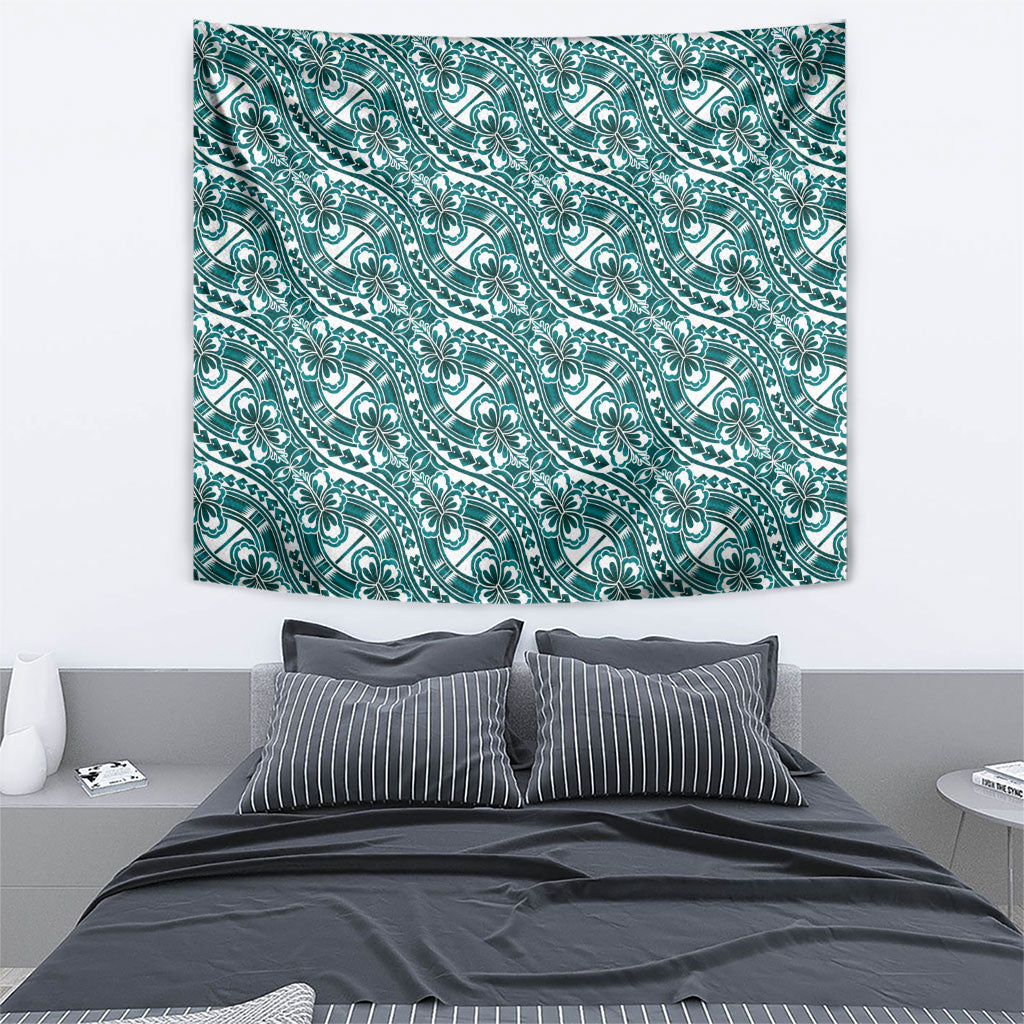 Hibiscus Bloom Island Tribal Waves Tapestry Teal Polynesian Pattern LT01 - Polynesian Pride