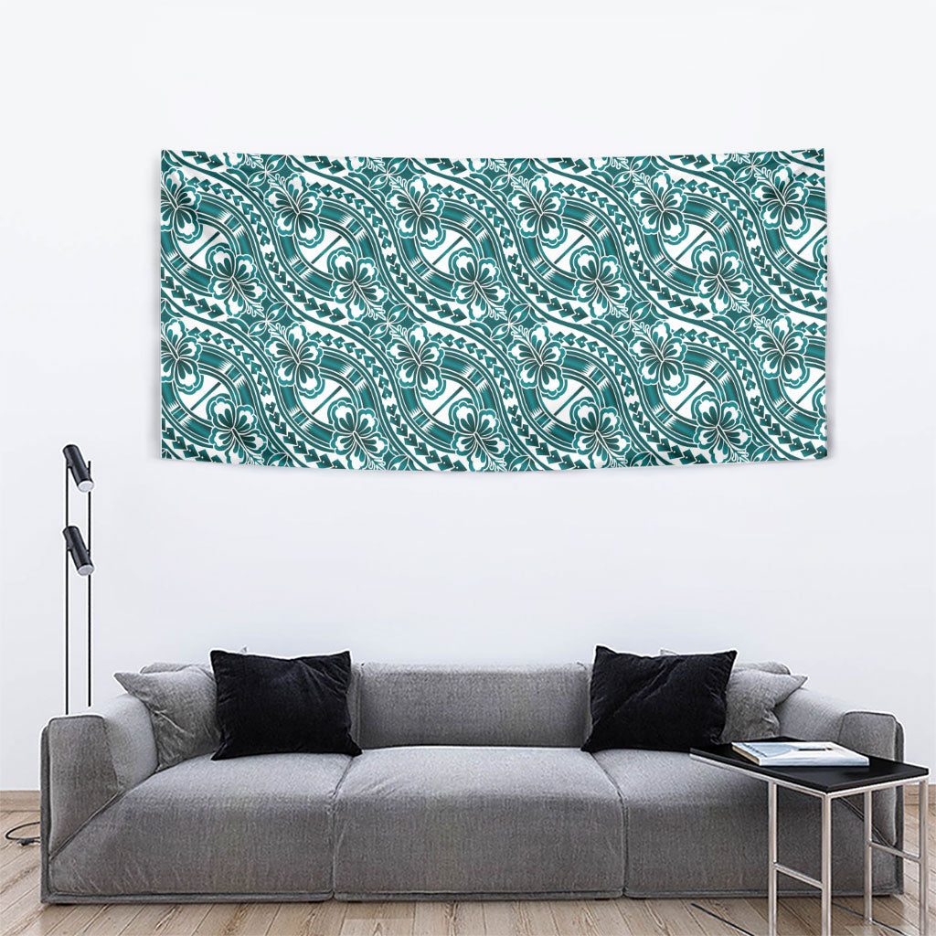 Hibiscus Bloom Island Tribal Waves Tapestry Teal Polynesian Pattern LT01 - Polynesian Pride