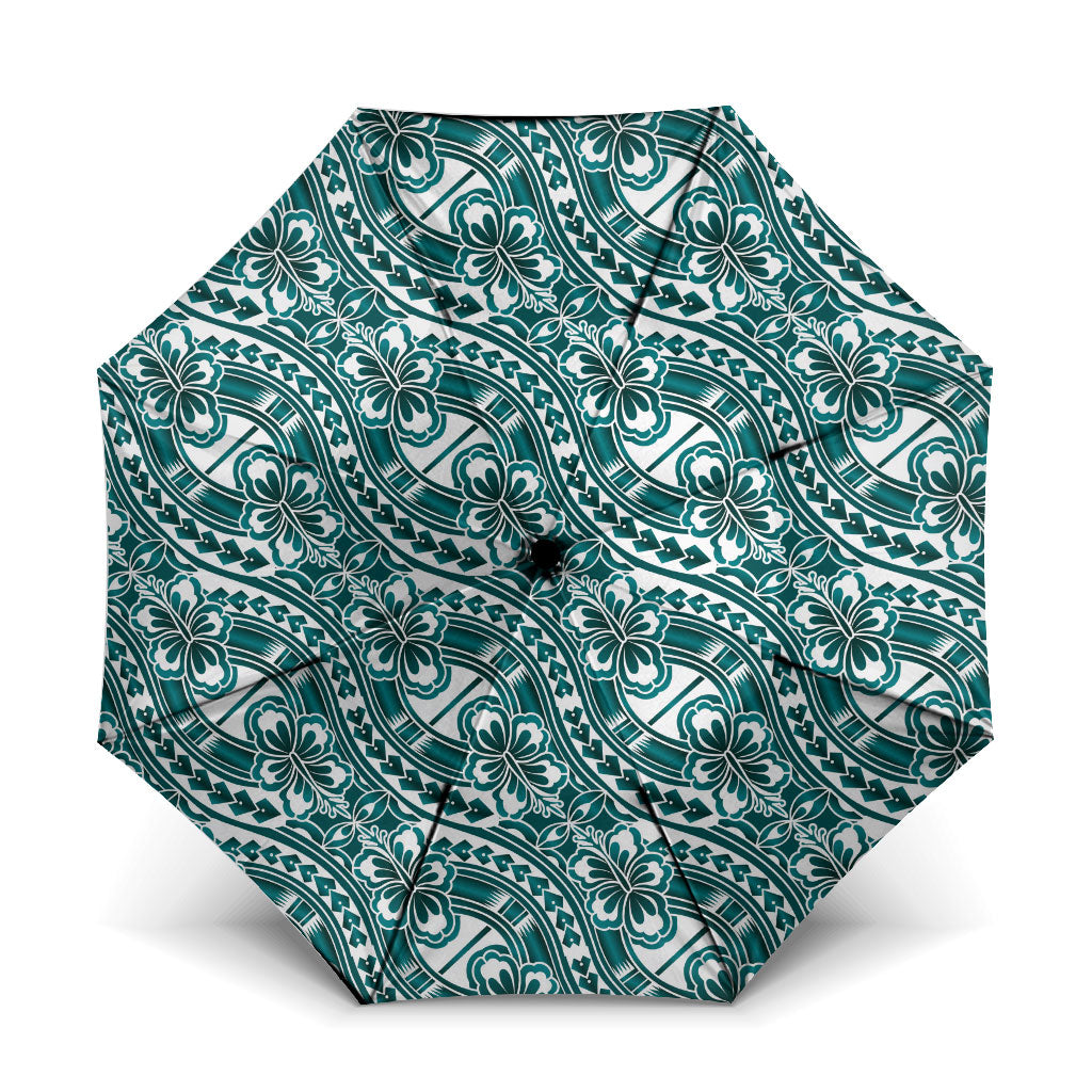 Hibiscus Bloom Island Tribal Waves Umbrella Teal Polynesian Pattern LT01 One Size Folded 11.42 inch Opened Diameter 37.4 inch Teal - Polynesian Pride