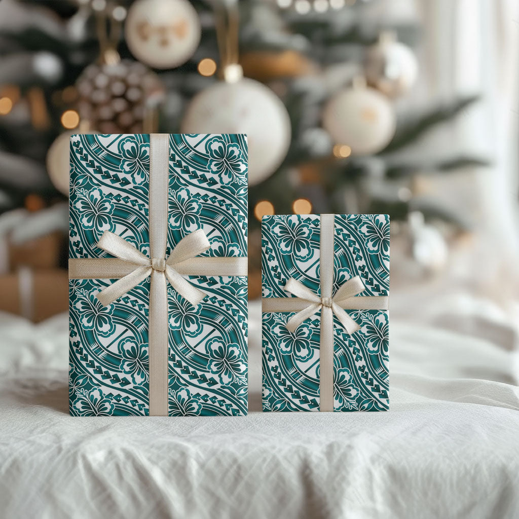 Hibiscus Bloom Island Tribal Waves Wrapping Paper Teal Polynesian Pattern LT01 - Polynesian Pride
